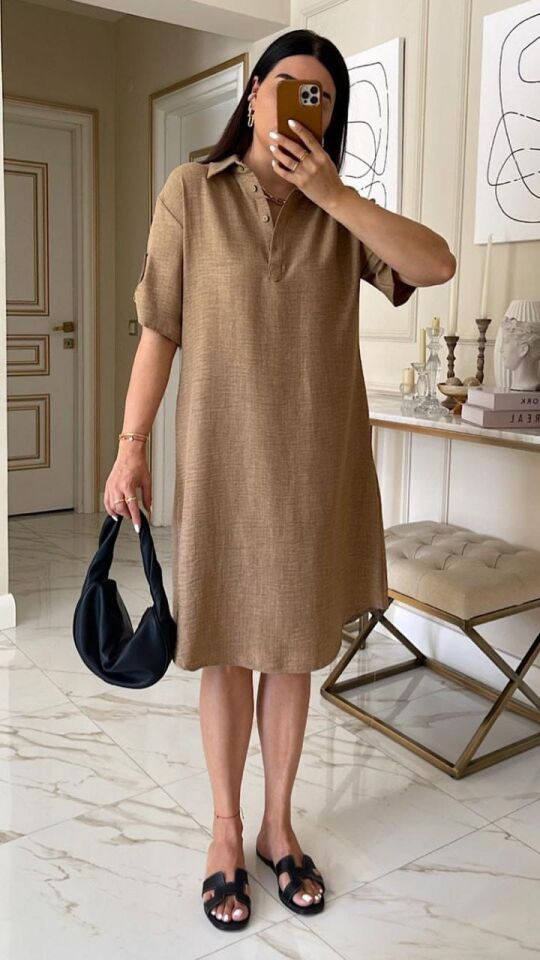Doğal Dokulu Düğmeli Keten Elbise