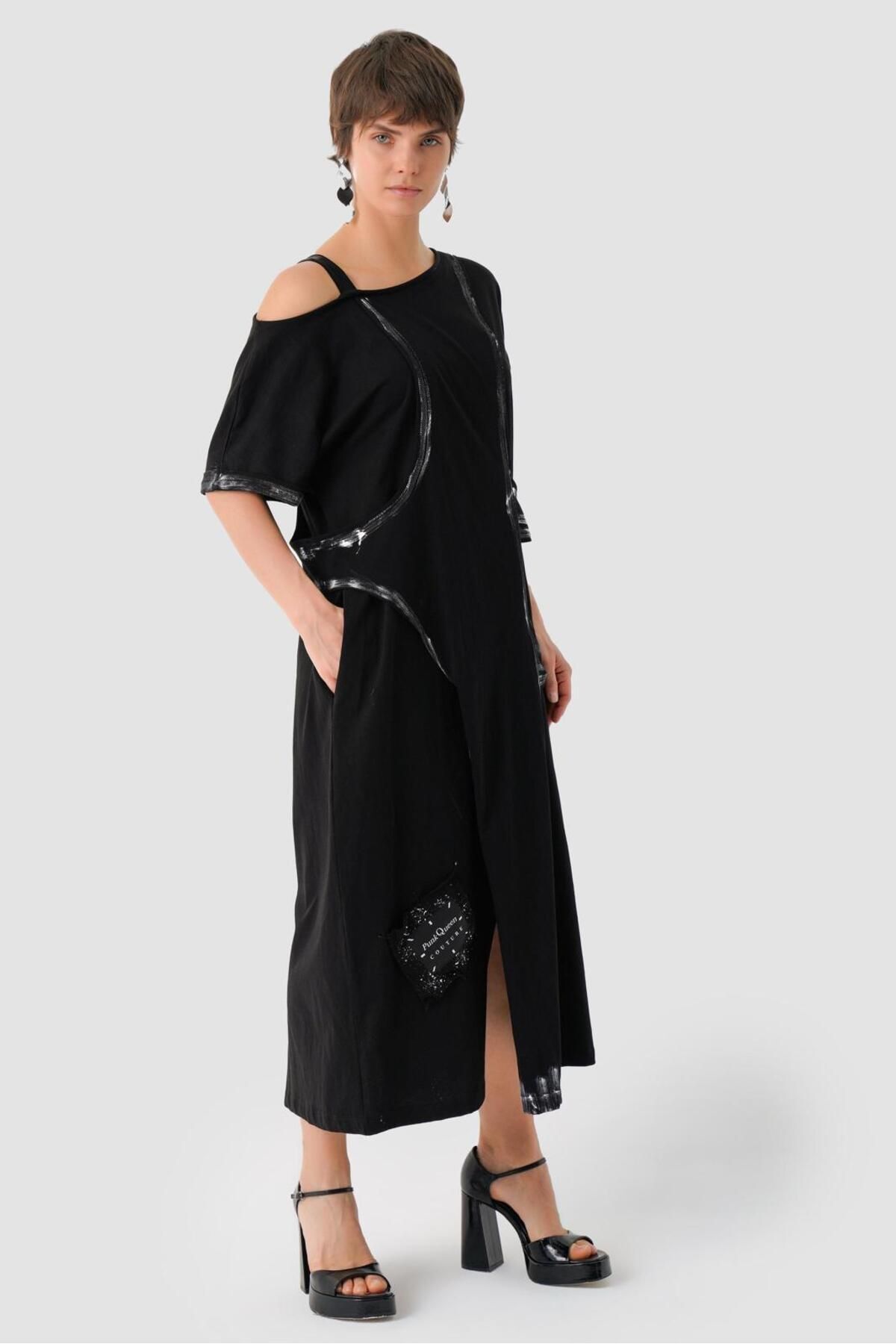 Düşük Kollu Omzu Açık Uzun Tarz Elbise Siyah