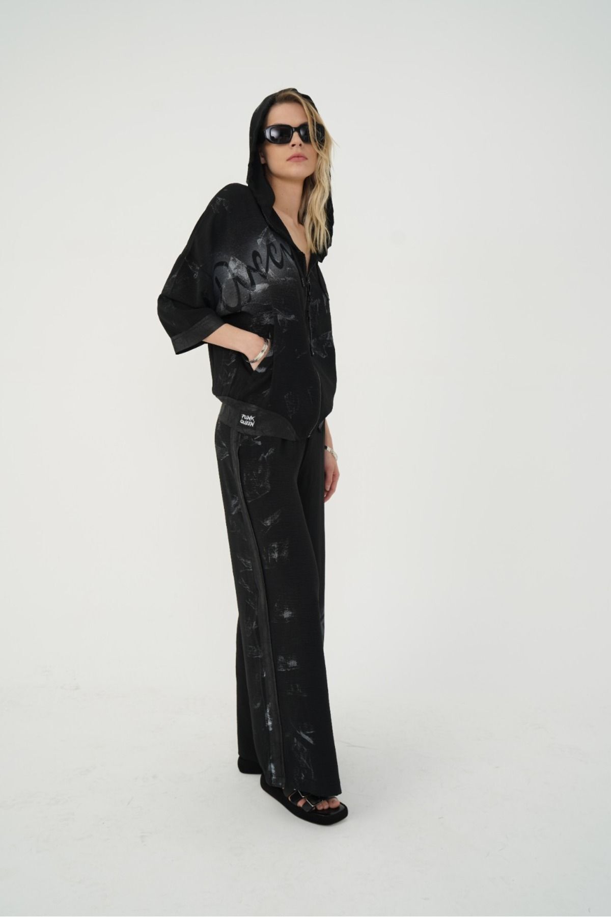 Aerobin Kumaş Kapüşonlu Fermuarlı Yazılı Alt Üst 2'li Eşofman Takım Siyah