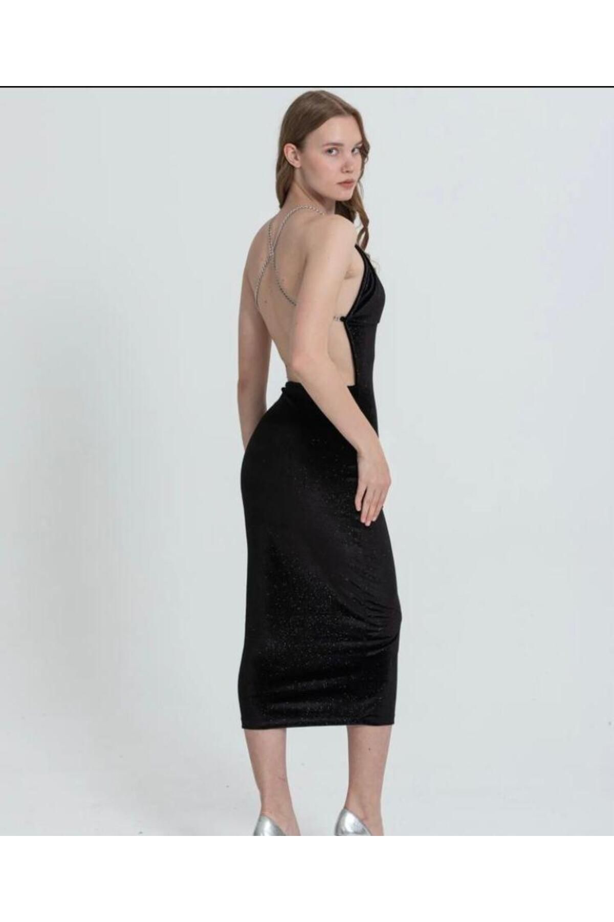 Simli Zincir Askılı Sırt Dekolteli Pamuklu Kadife Kumaş Uzun Elbise Siyah