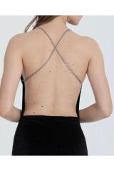 Simli Zincir Askılı Sırt Dekolteli Pamuklu Kadife Kumaş Uzun Elbise Siyah