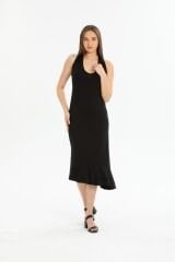 Kalın Askılı Çapraz Sırt Detaylı Uzun Elbise Siyah