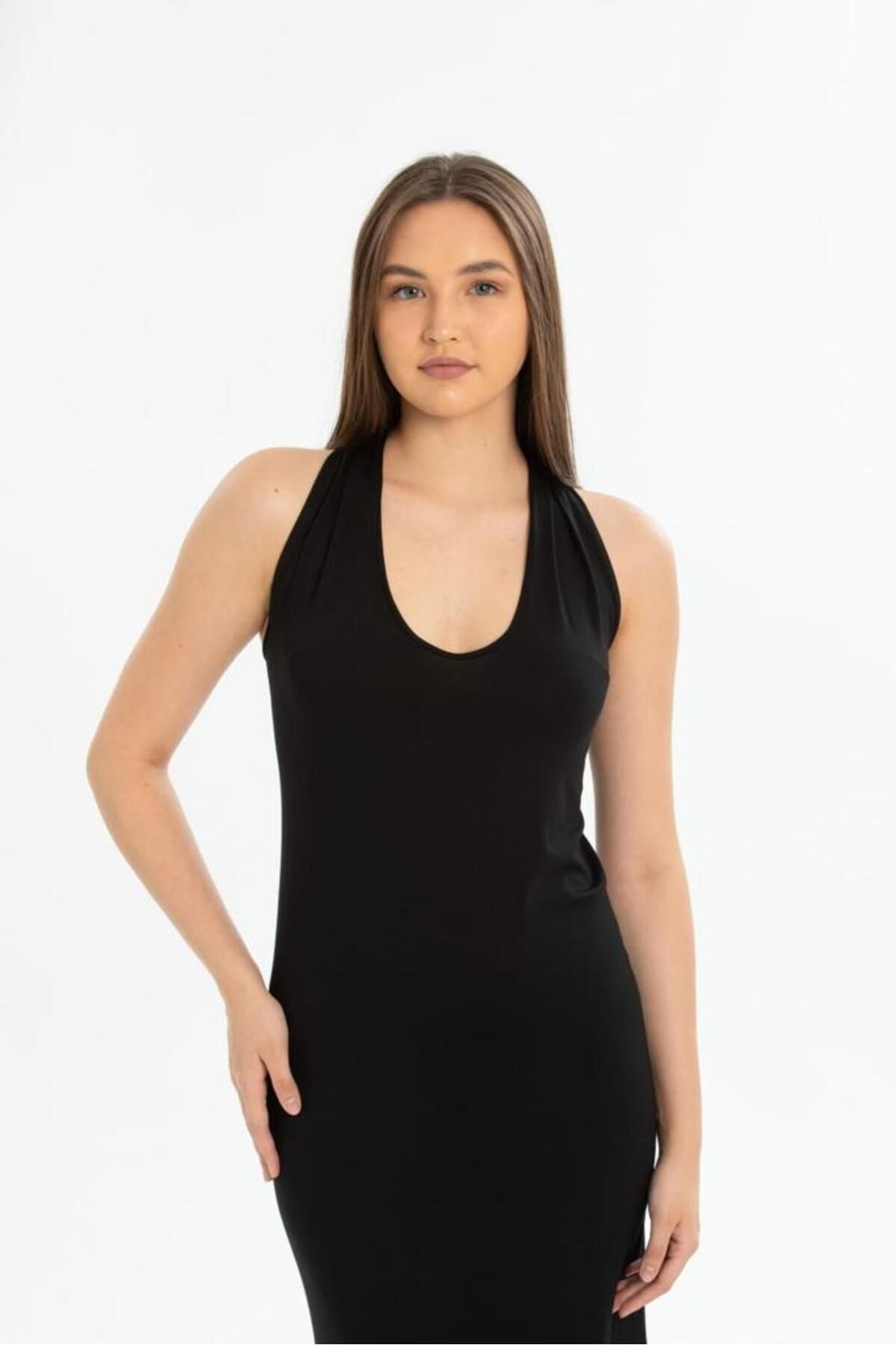 Kalın Askılı Çapraz Sırt Detaylı Uzun Elbise Siyah