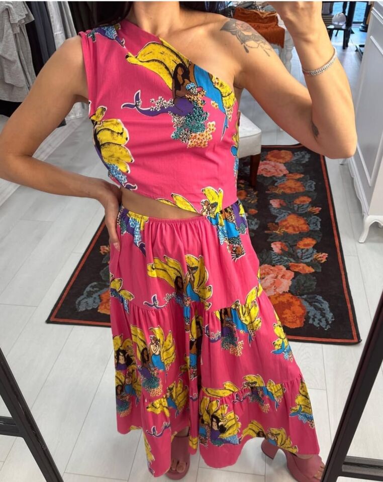 Rhode Resort Tarzı Pembe Muz Desenli Elbise