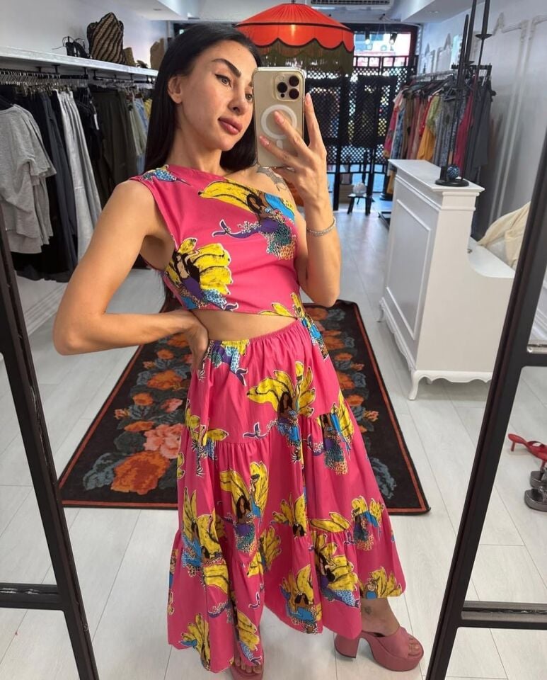 Rhode Resort Tarzı Pembe Muz Desenli Elbise