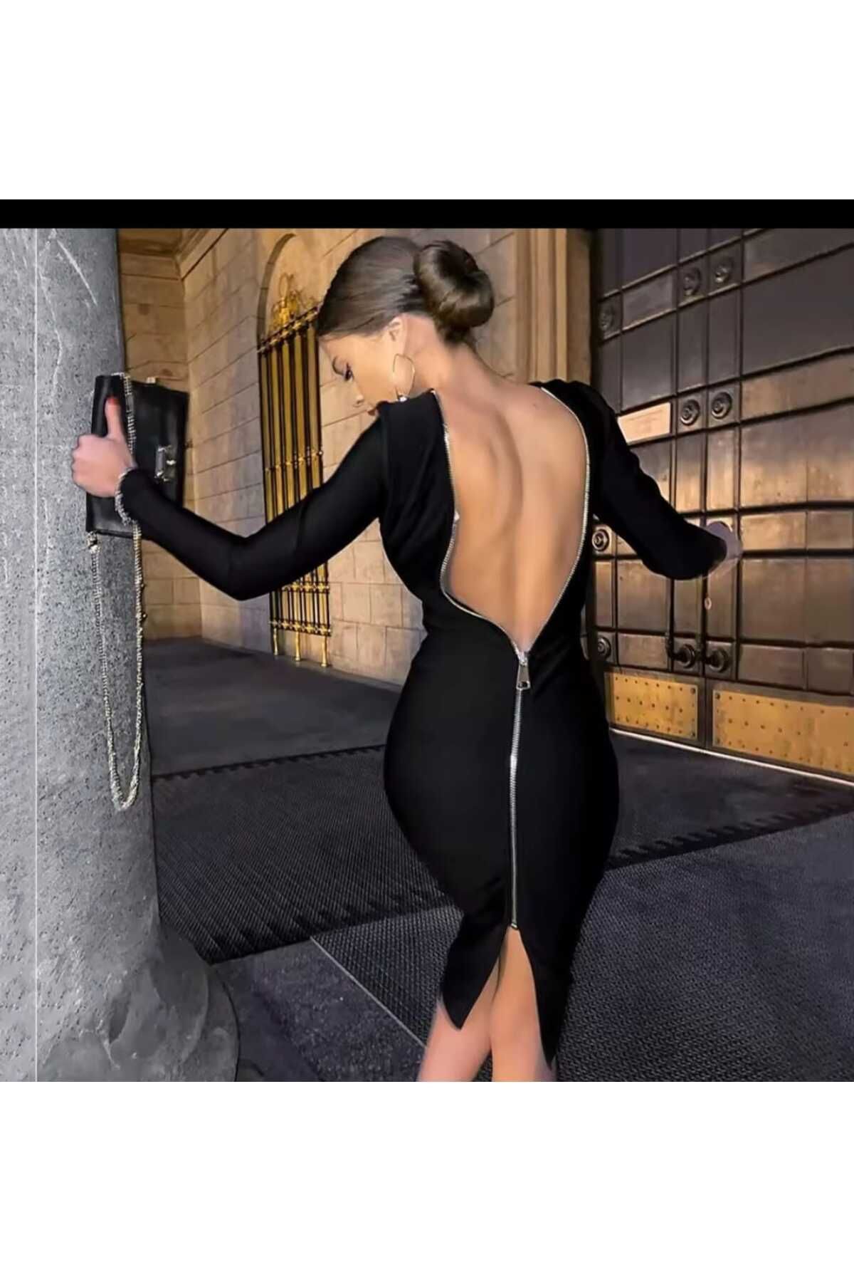 Sırt Fermuar Detaylı Likralı Tasarım  Elbise Siyah