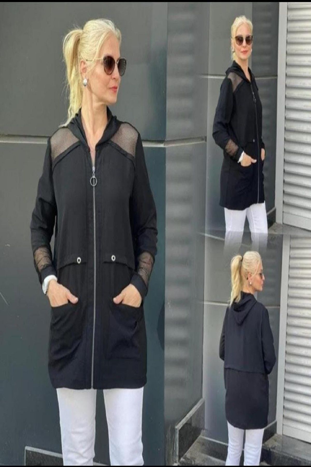 File Detaylı Büzgülü Belden Bağlamalı Kapüşonlu Ceket