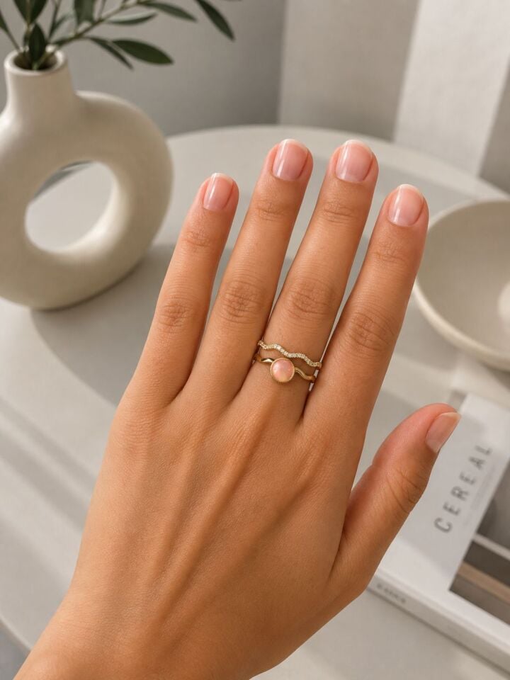 Pembe Taşlı İkili Gold Çelik Yüzük