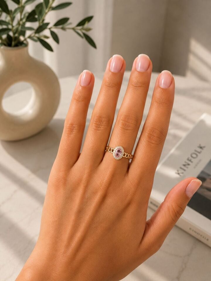 Pembe Oval Taşlı Gold Çelik Yüzük