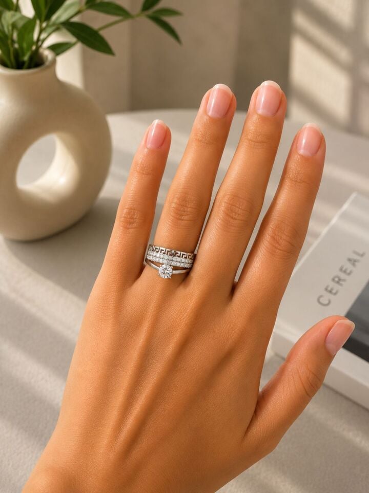 Taşlı Üçlü Görünümlü Silver Çelik Yüzük