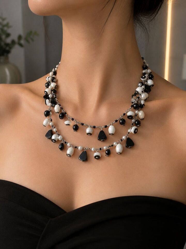 Siyah Beyaz Boncuklu Çok Sıralı Kolye