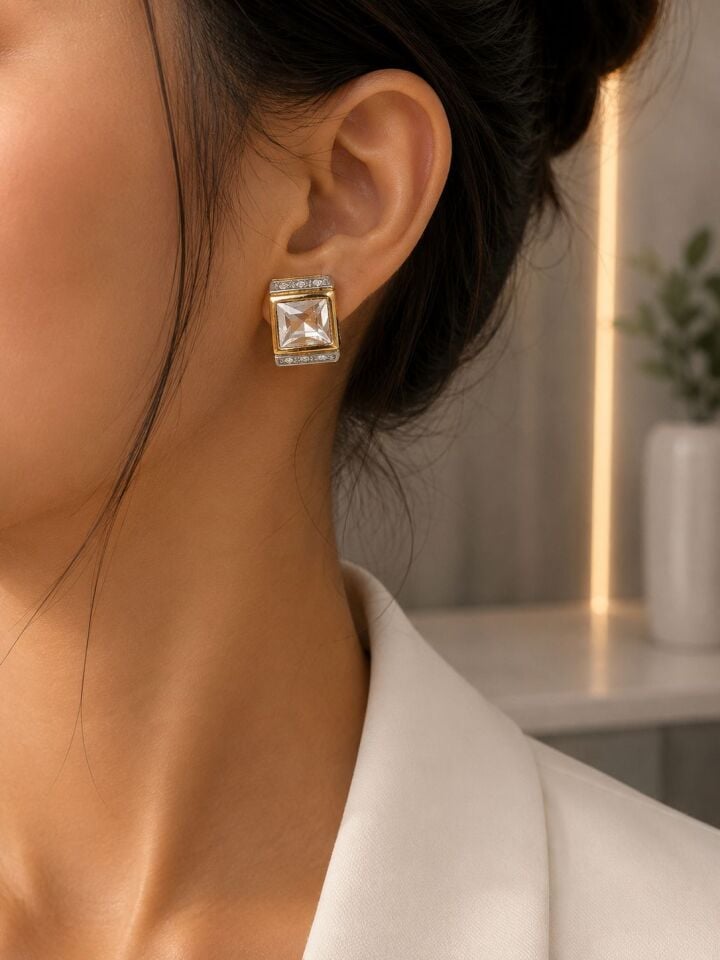 Kare Taşlı Gold Silver Klipsli Küpe