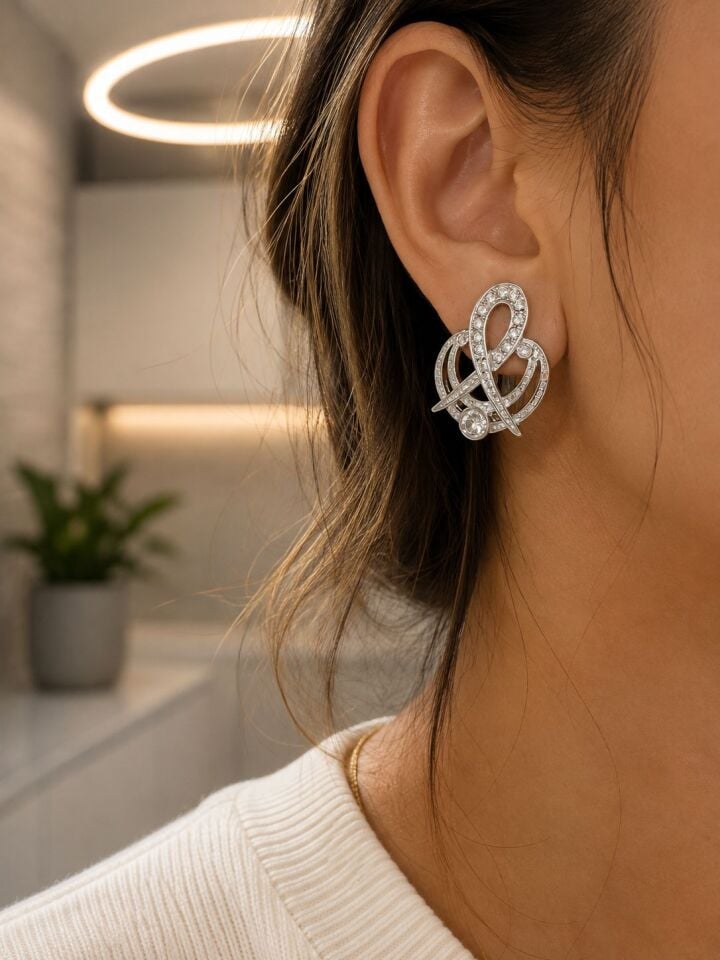 Taşlı Geometrik Silver Klipsli Küpe