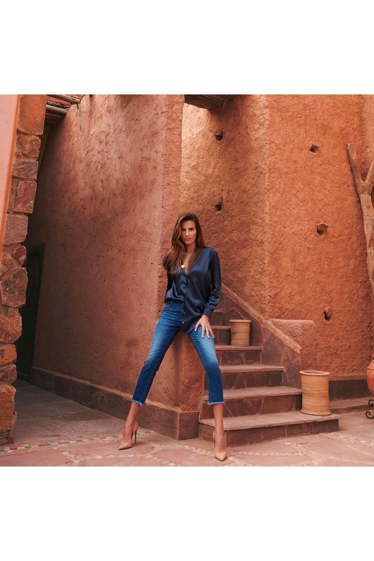 Saten Düğmeli Gömlek Lacivert