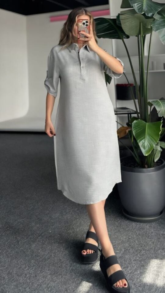 Doğal Dokulu Düğmeli Keten Elbise