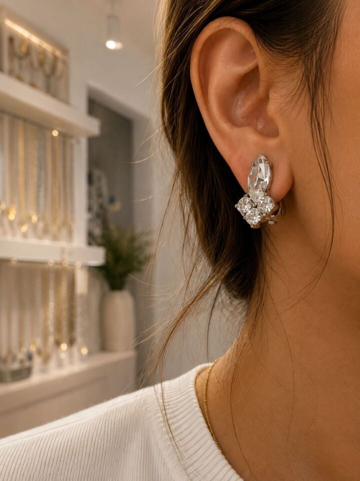 Kristal Taşlı Silver Klipsli Küpe