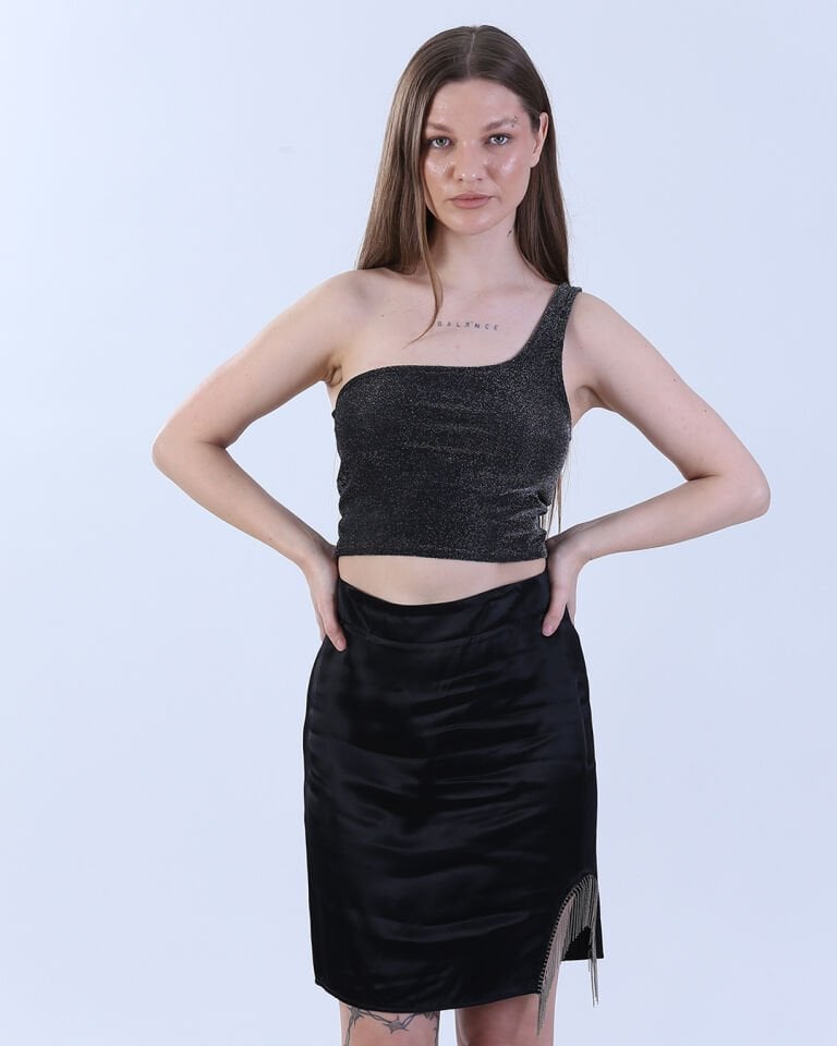 Tek Kol Simli Crop Gri