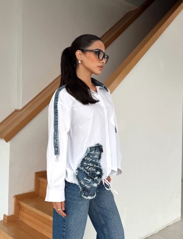 Denim Detaylı Oversize Beyaz Gömlek