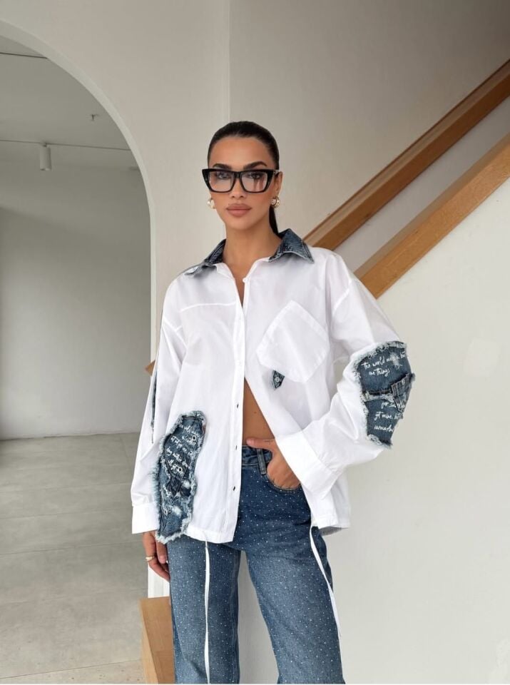 Denim Detaylı Oversize Beyaz Gömlek
