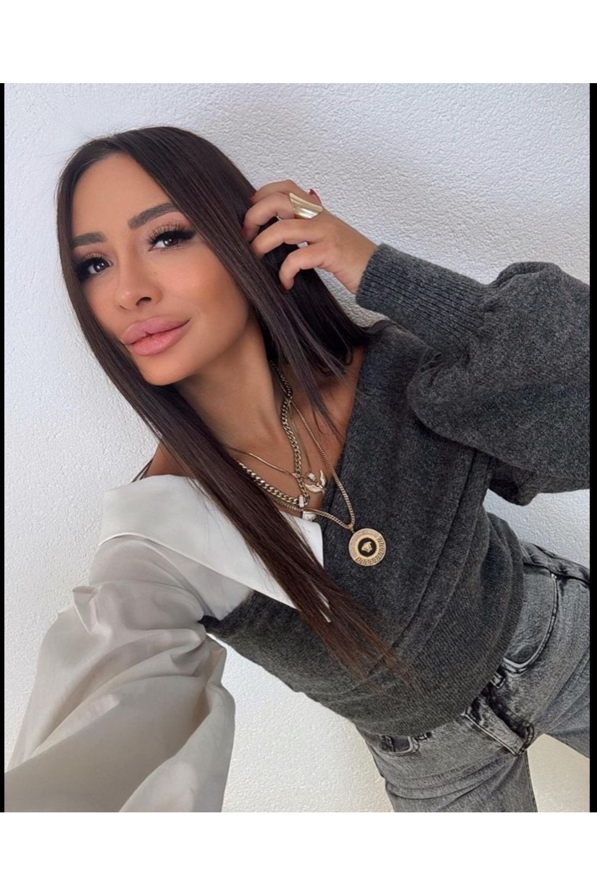 Gömlek Detaylı Kazak Füme-Beyaz