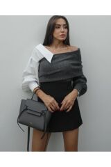 Gömlek Detaylı Kazak Füme-Beyaz  (Standart Beden)