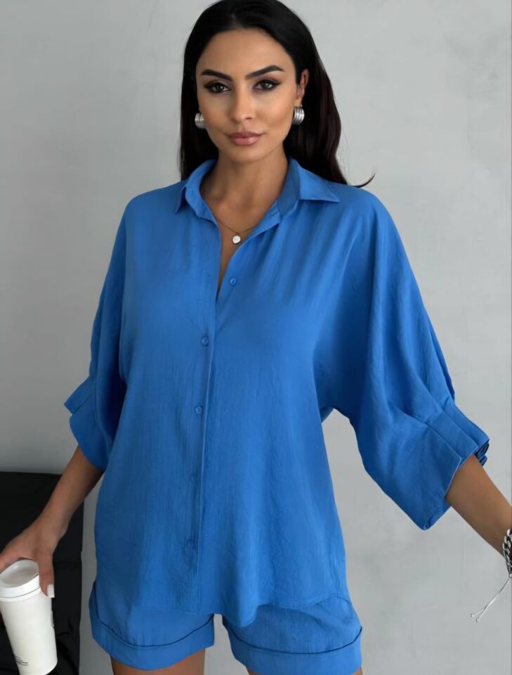 Bağcık Detaylı Keten Kuşgözlü Gömlek