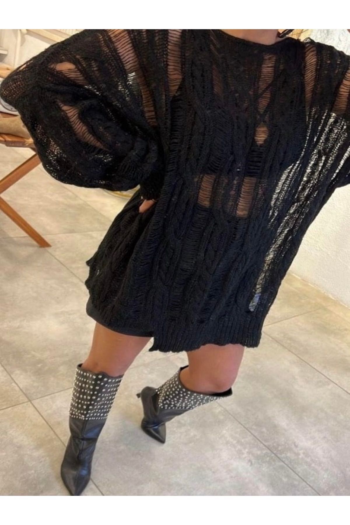 Saç Örgülü Ajurlu  Kazak Siyah