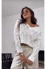 Payet Boncuklu Standart Beden Kazak Ekru