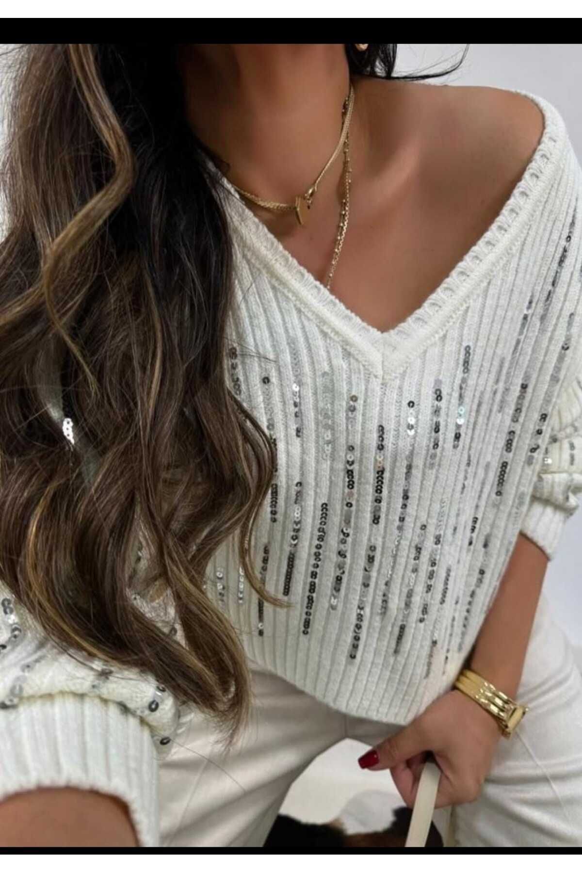 Payet Boncuklu Standart Beden Kazak Ekru