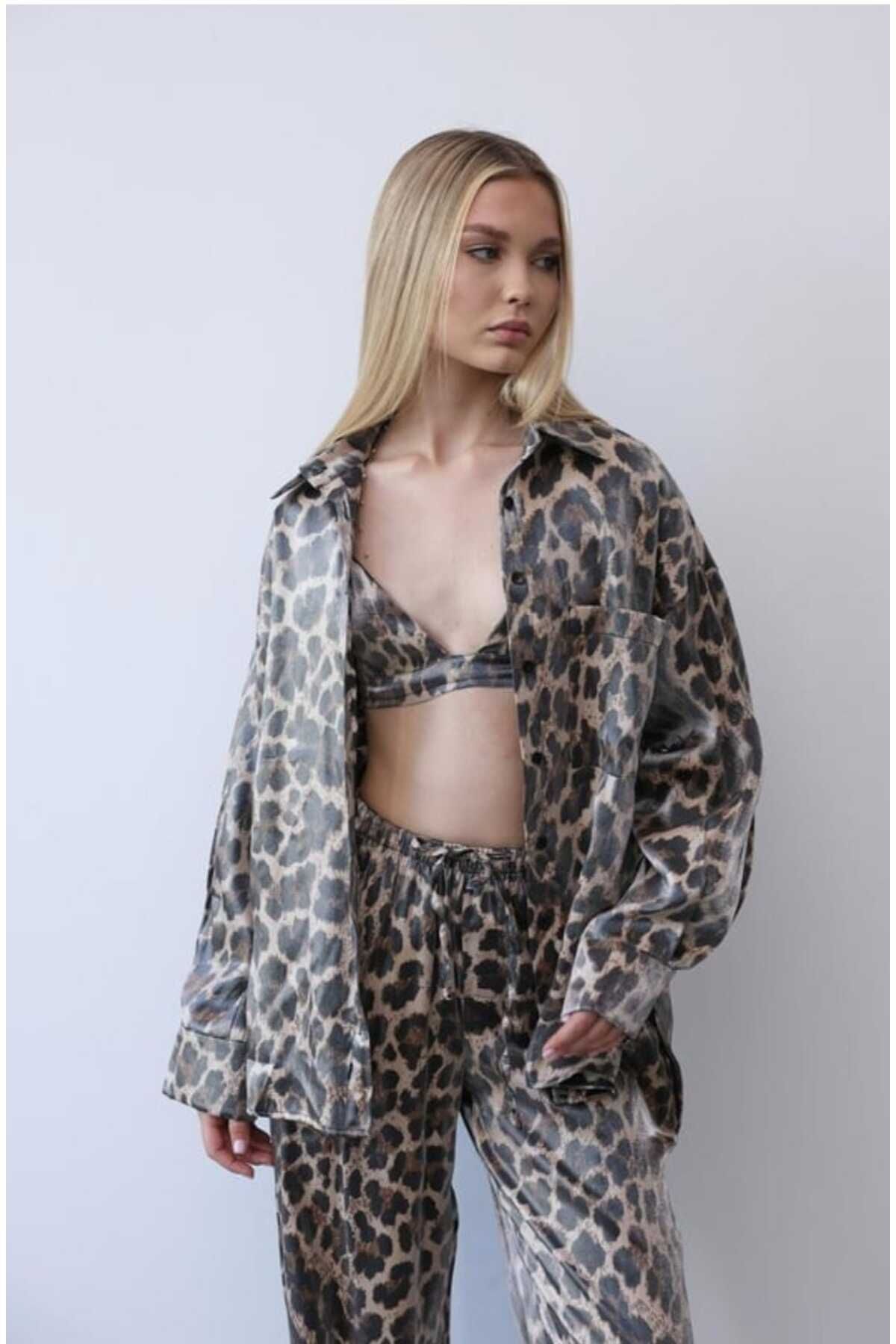 Leopar Desenli 3 lü  Saten Takım