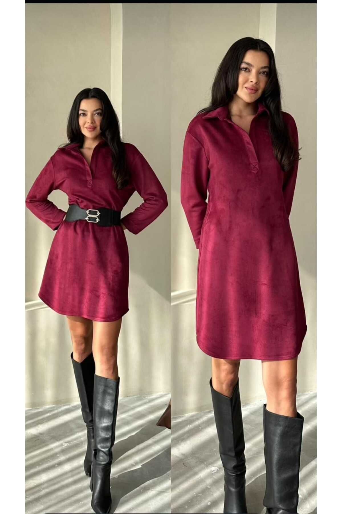 Vişne Rengi Nubuk Kumaş Kemerli Elbise