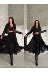 Şifon Beli Lastikli Fermuarlı Midi Boy Kloş Etek Siyah