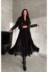 Şifon Beli Lastikli Fermuarlı Midi Boy Kloş Etek Siyah
