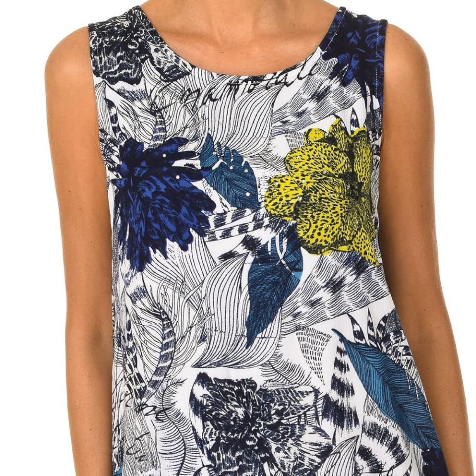 Mavi & Sarı Çiçek Detaylı Desenli Kolsuz  Elbise