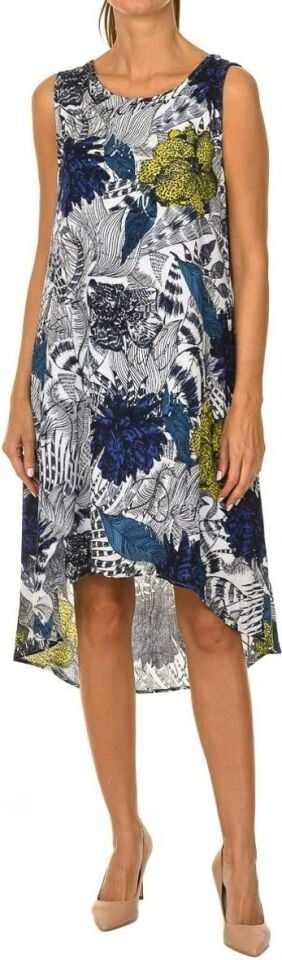 Mavi & Sarı Çiçek Detaylı Desenli Kolsuz  Elbise