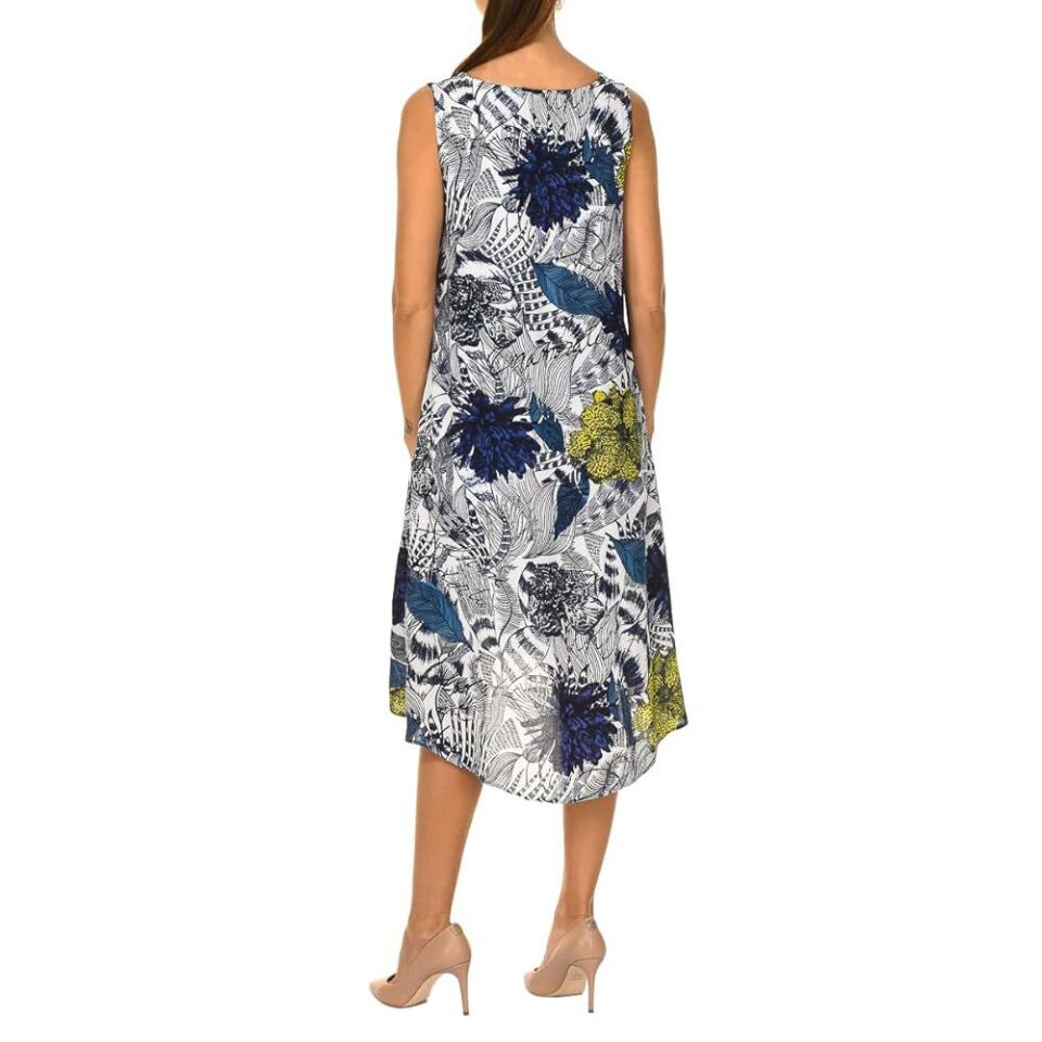 Mavi & Sarı Çiçek Detaylı Desenli Kolsuz  Elbise