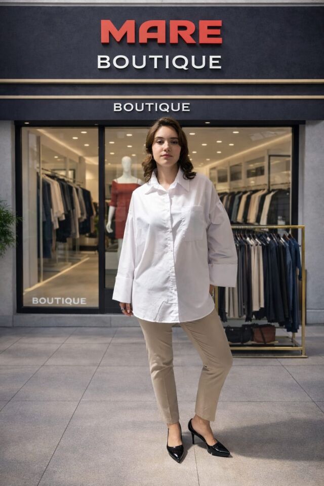 Kolları geniş ve manşetli Oversize Gömlek Beyaz