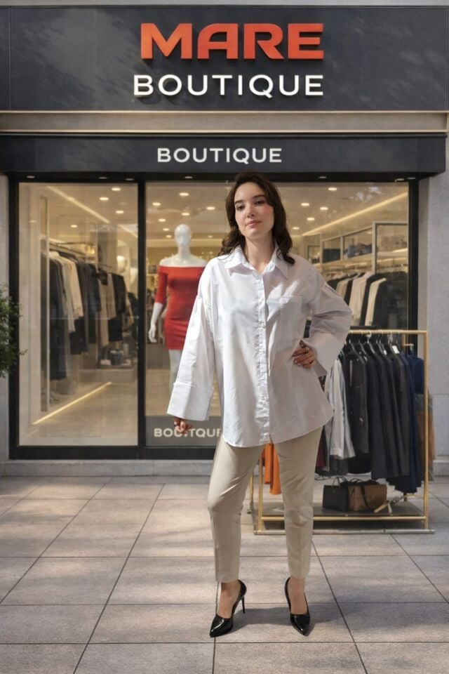 Kolları geniş ve manşetli Oversize Gömlek Beyaz