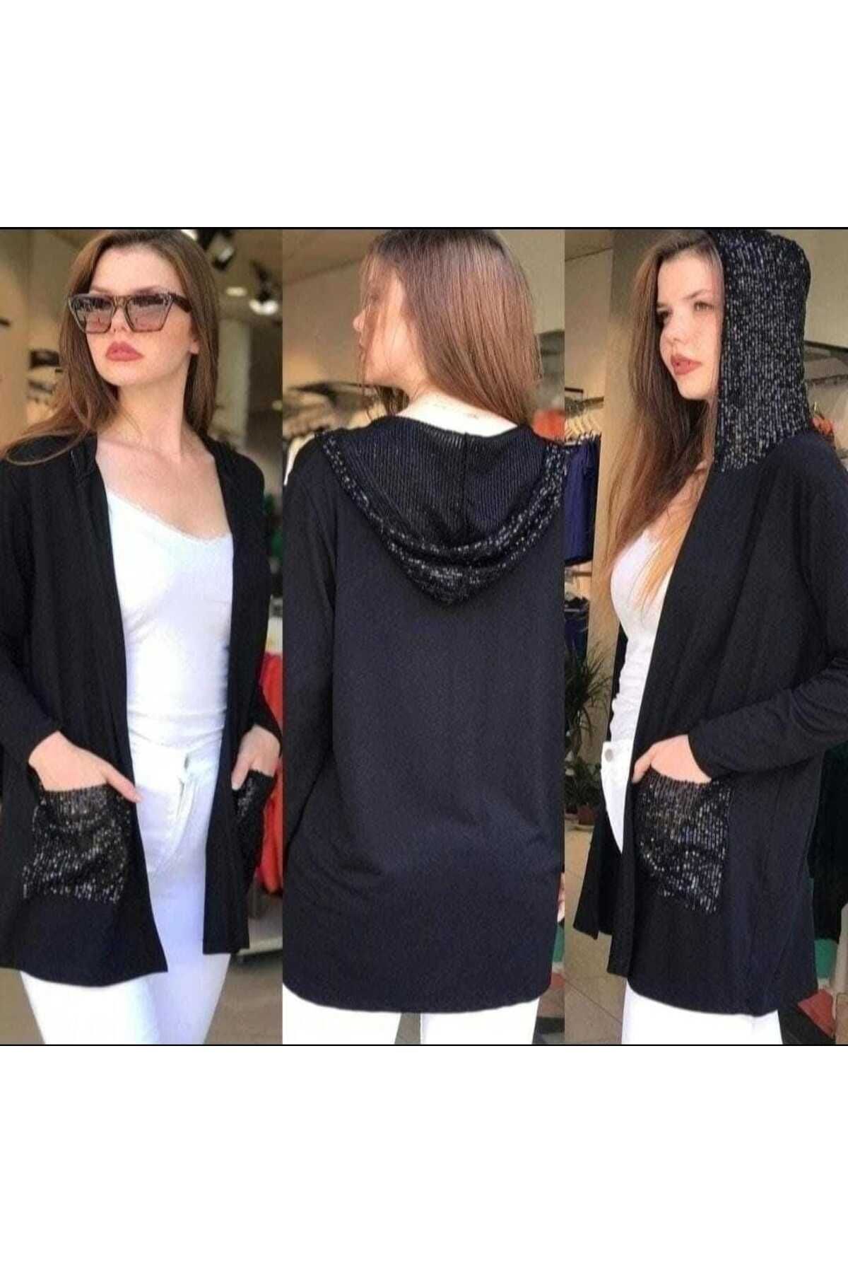 Cep Ve Kapişonu Payetli Ceket Siyah