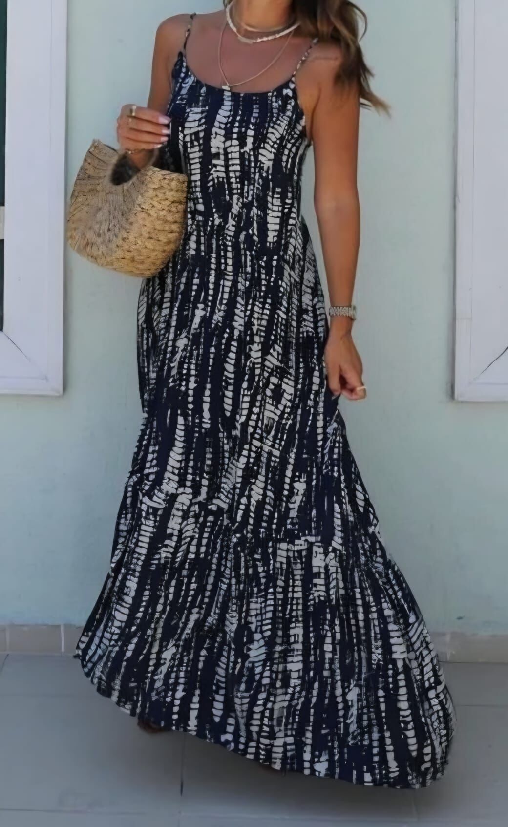 Bağlamalı Askılı Desenli İndigo Maxi Elbise