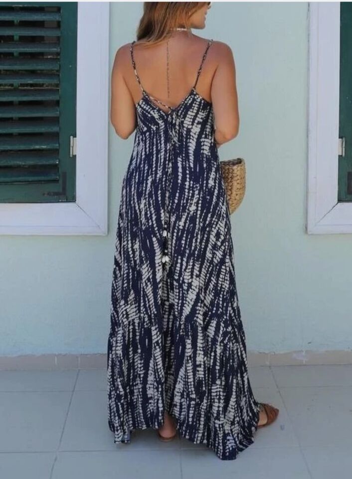 Bağlamalı Askılı Desenli İndigo Maxi Elbise