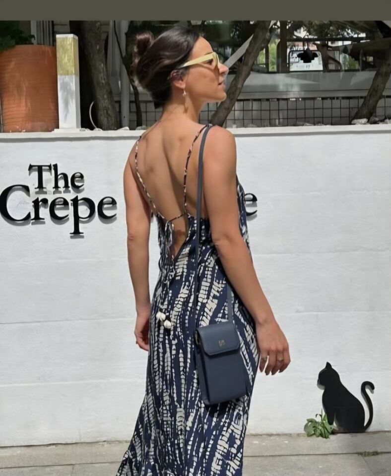 Bağlamalı Askılı Desenli İndigo Maxi Elbise