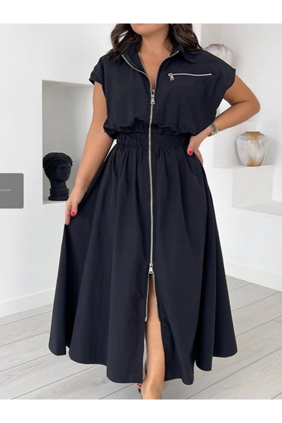 Önden Fermuarlı Elbise Siyah