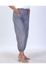Beli ve Paçası Lastikli Pamuk Kumaş Pantolon Mavi
