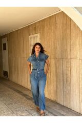 Cepli Düşük Kollu  Önden  Düğmeli Kuşaklı Kot Tulum Mavi