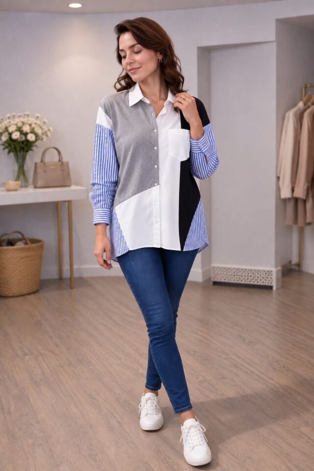 Taş Detaylı Colorblock Oversize Gömlek