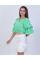 Volanlı Kol Beli Lastikli Bluz Crop