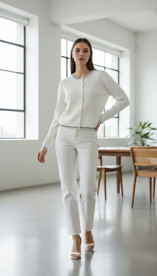 Zarif Örgü Detaylı Beyaz Hırka