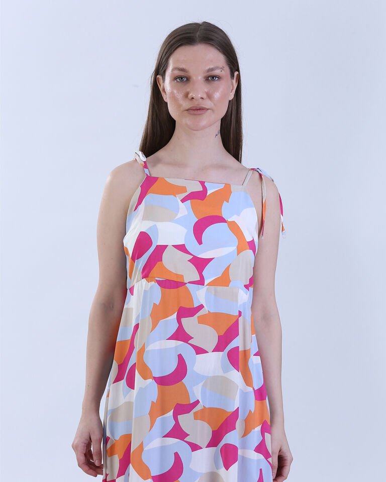 Çok Renkli Desenli Askılı Elbise