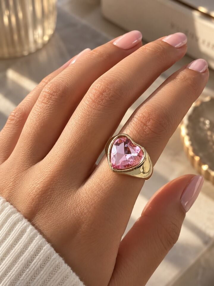 Pembe Kalp Taşlı Gold Çelik Yüzük